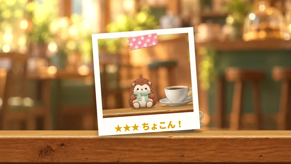 横画面。喫茶店の木のテーブルの上で、ぬいぐるみがコーヒーカップのとなりにちょこんと座り、撮れた写真が星の評価つきで画面に出ている
