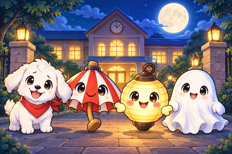 月夜の学校の前に、赤いバンダナの白いこいぬと、からかさおばけ・ちょうちんおばけ・シーツのおばけがなかよくならんでいる