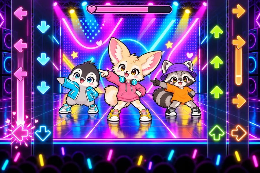 ネオンのダンスステージで、フェネックとペンギンとアライグマが同じ向きにポーズを決め、左右のレーンを矢印のノーツが落ちてくる