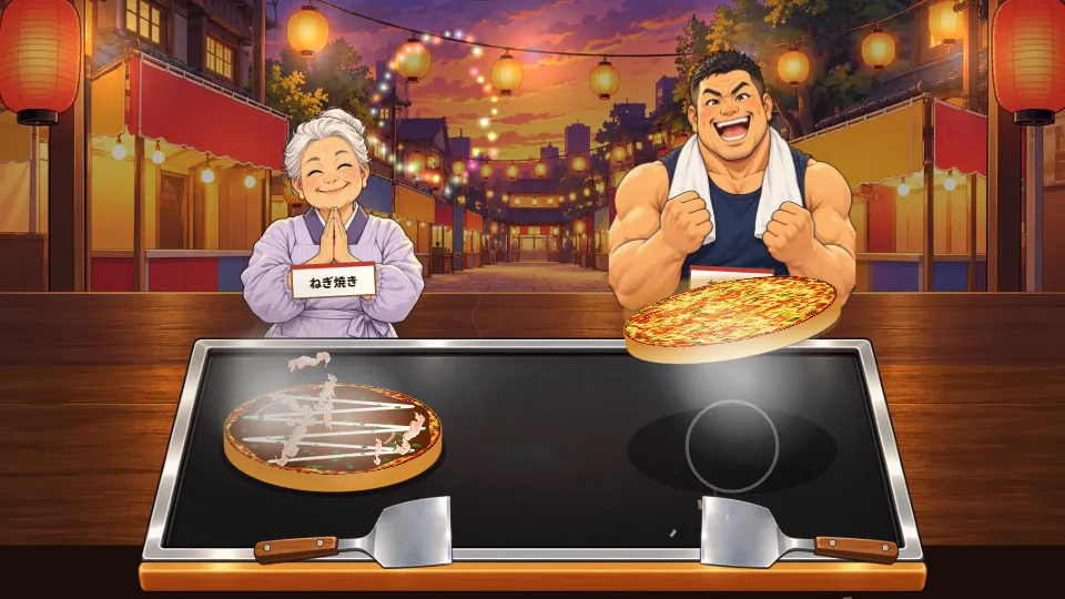 パソコンの横画面。提灯の並ぶ夏まつりの屋台で、左のお好み焼きにはソースとマヨネーズとかつおぶし、右ではねぎ焼きがななめにかたむいて宙で裏返り、焼けた面が見えている。向こうでおばあちゃんと体の大きいお客さんが待っている