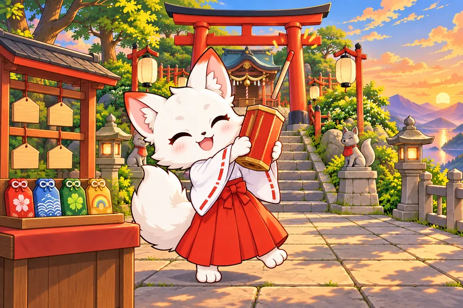 夕方前のきつね神社で、白いこぎつねが朱色のおみくじ箱をふり、木の棒が1本とびだしている
