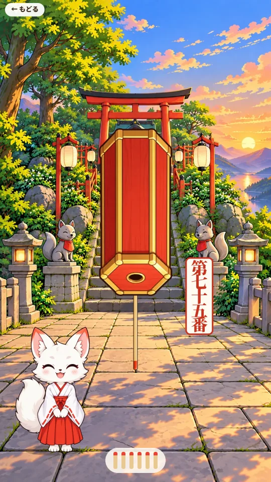スマホの縦画面で、石段の上のきつね神社を背に、さかさまにしたおみくじ箱から番号の棒が出ている