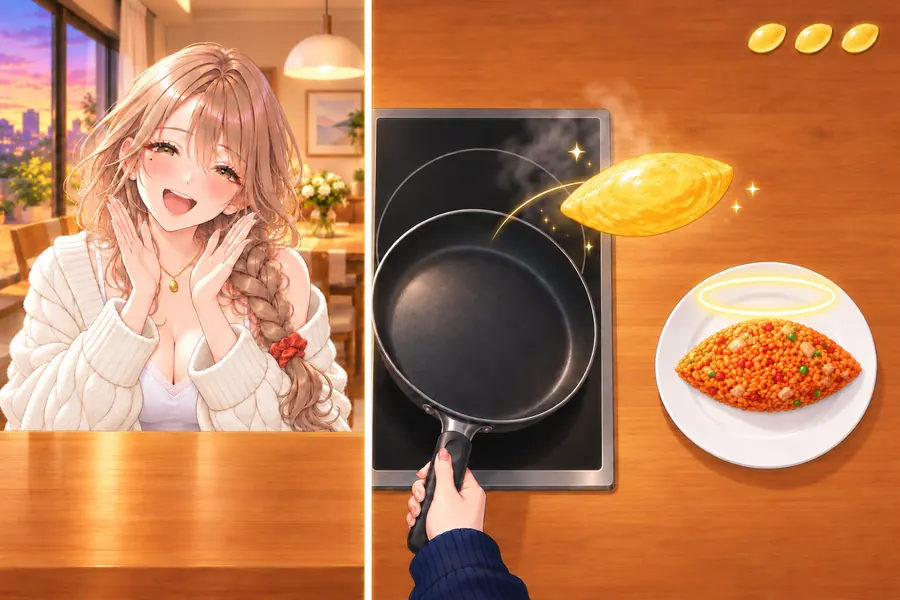 横画面のゲーム画面。左にはキッチンカウンターの向こうに座ってほほえむ女性、右には真上から見たコンロとお皿。フライパンから巻いたたまごがチキンライスの上へ飛んでいくところ