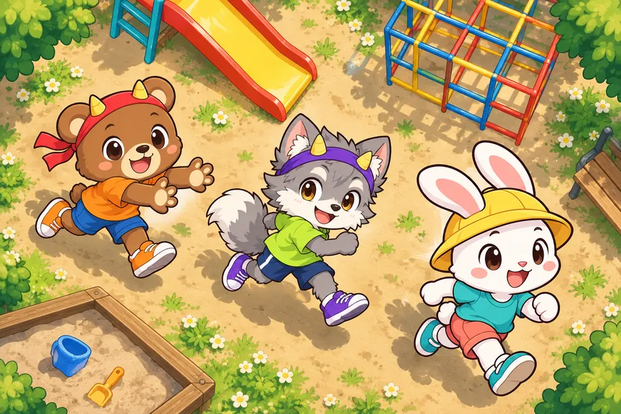 公園の遊具のまわりで、ウサギの子がおにのクマとオオカミから笑顔でにげまわっている
