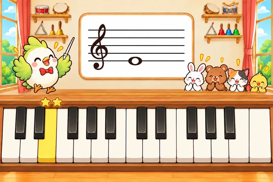 音楽室で、指揮棒を持った小鳥の先生の横に五線譜の音符があり、下のピアノのけんばんで正解のけんが光っている