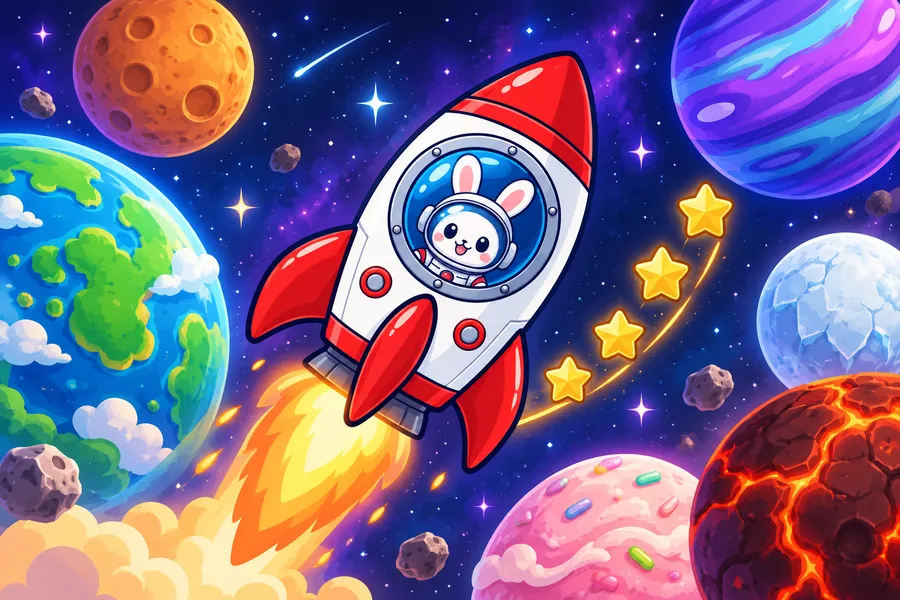 いろいろな惑星のあいだを炎をふいて飛ぶロケットと星のコイン