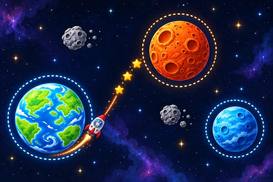 いろいろな惑星のあいだを炎をふいて飛ぶロケットと星のコイン