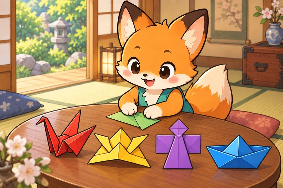 色とりどりのおりがみ作品がならび、キツネの子がおりがみを折ってよろこんでいる