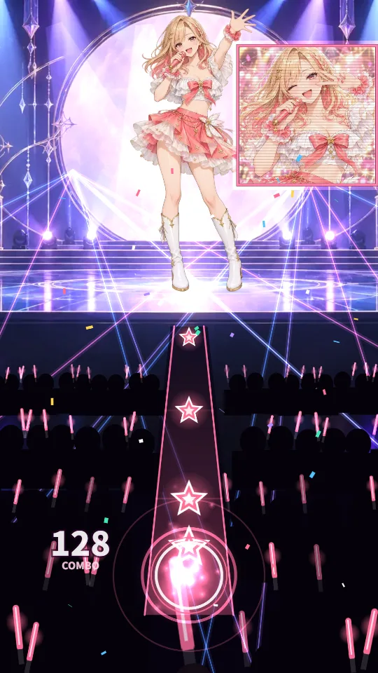 スマホの縦画面。紫の光の月灯ホールのステージでアイドルが歌い、右上のモニターにウインクのアップ。下の客席を横切るレーザーと、光の道を流れてくる星のノーツ、手もとの光る輪とピンクのペンライト