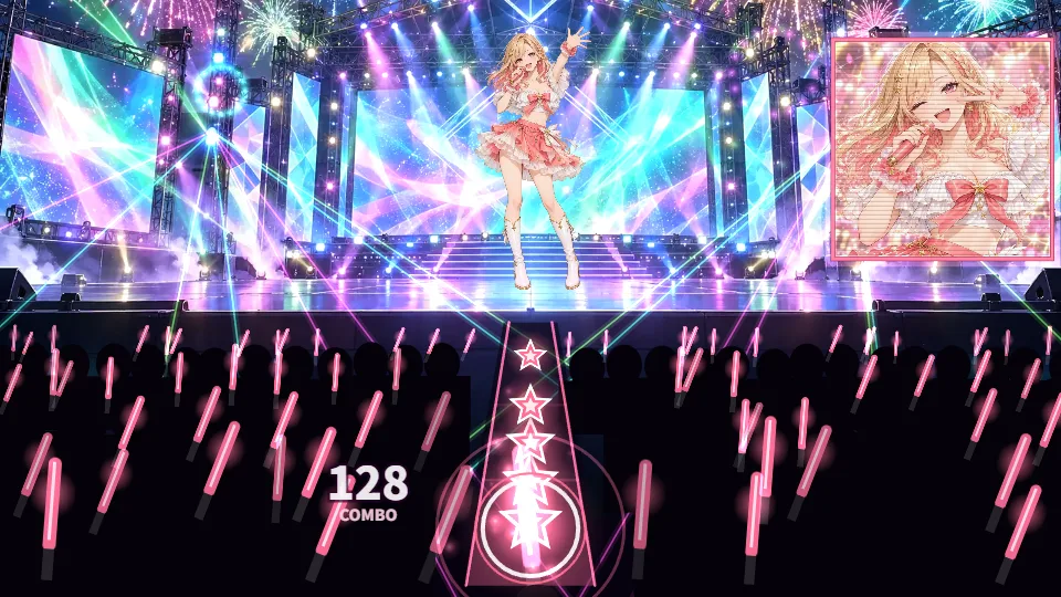 横画面。花火と大きなLEDスクリーンのある夜の野外フェスのステージでアイドルが歌い、客席のペンライトがピンクにそろっている。中央の光の道を星のノーツが流れ、左に128コンボの表示