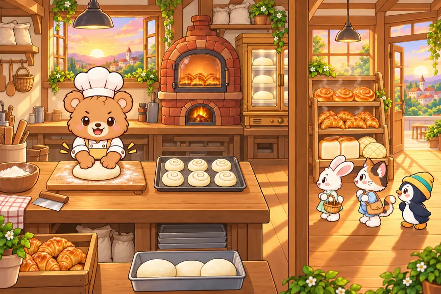 朝焼けのパン工房で、こぐまのパン職人が生地をこね、天板にうずまきのロールパン生地がならび、れんがのオーブンでクロワッサンが焼けている。右のお店のたなには焼きたてのパンがならび、うさぎ・ねこ・ペンギンのお客さんが待っている