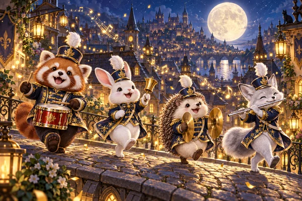 レッサーパンダ、ウサギ、ハリネズミ、キツネが奏でる月夜の楽団