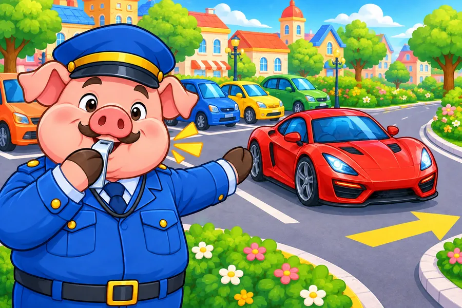 おもちゃの町の駐車場で、赤い車が出口へ向かい、ブタの係の人が笛をふいている
