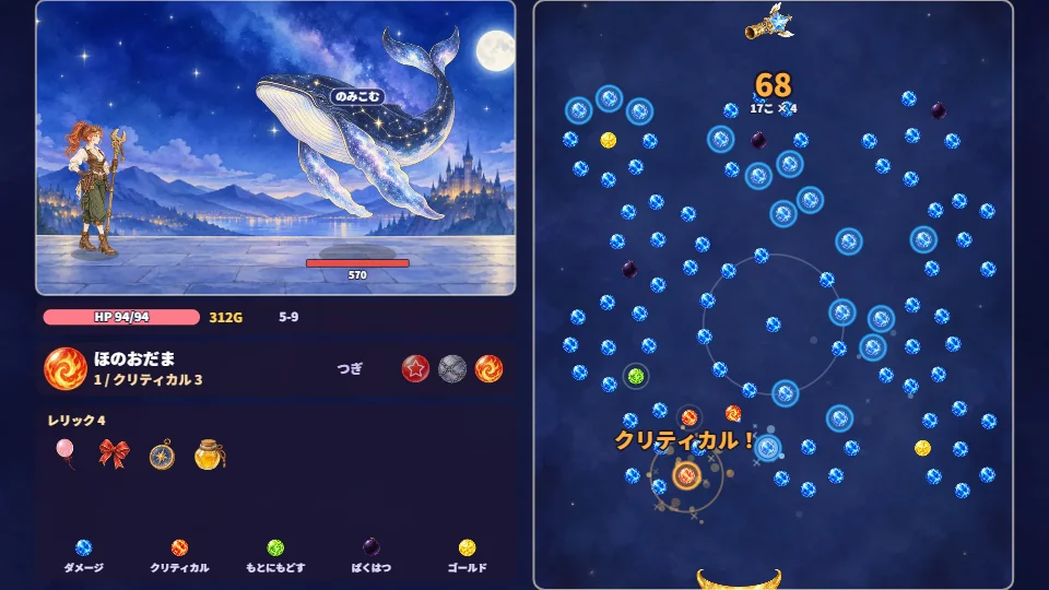 パソコンの横画面。左で技師シリカが夜空のくじらのボスと戦い、右の盤面ではペグの輪が回る中、ほのおだまがクリティカルを出している