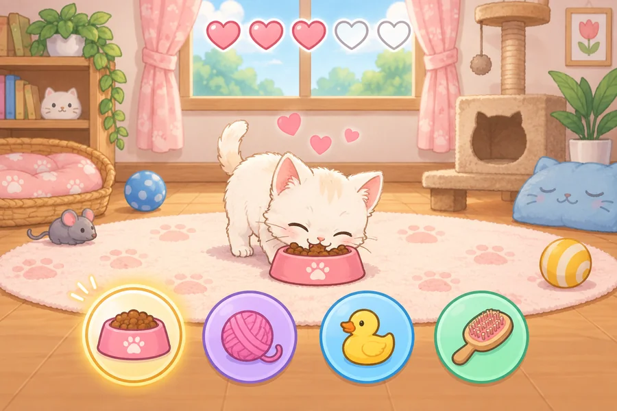 窓辺でひなたぼっこする子ネコのミルクと、まわりのおもちゃ