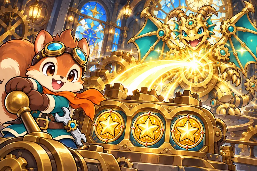 からくり時計塔で、リスの勇者がレバーを引き、3つの金の星がそろって歯車のドラゴンに大きな光がとんでいる