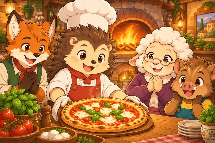 石窯のあるピザ屋さんで、ハリネズミのシェフがピザをのせ、お客さんがわくわくしている