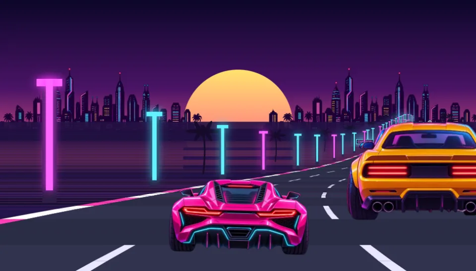 ニトロで加速しながらネオンの道路を走るレース画面