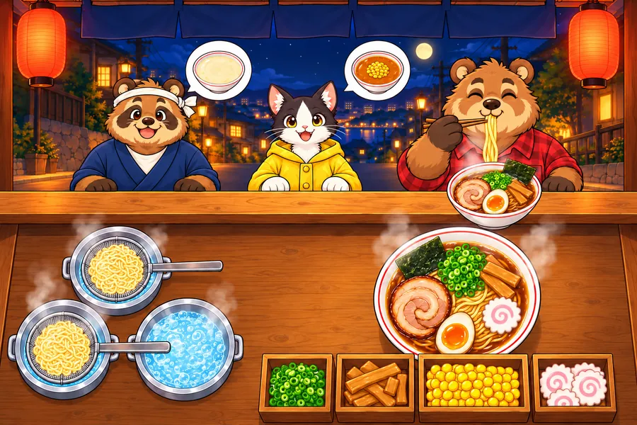 夜のラーメン屋台で、タヌキとねこが注文を待ち、クマが麺をすすっている。手前ではなべで麺をゆでていて、具をのせたしょうゆラーメンができあがっている