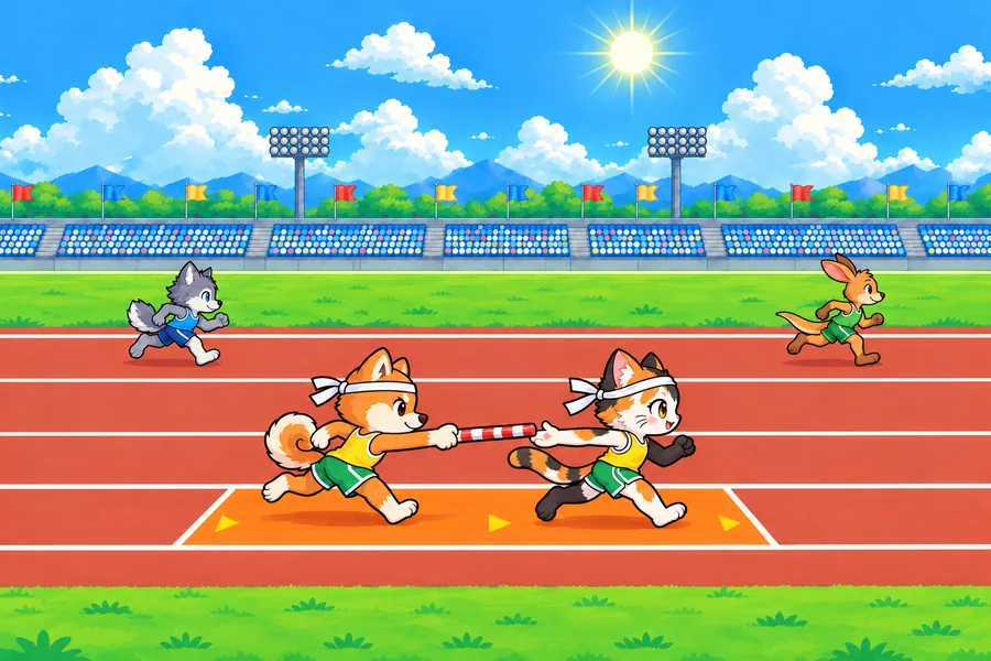 競技場のトラックのバトンゾーンで、柴犬の選手が三毛ねこの選手に赤と白のバトンをわたし、奥のレーンでおおかみとカンガルーが走っている