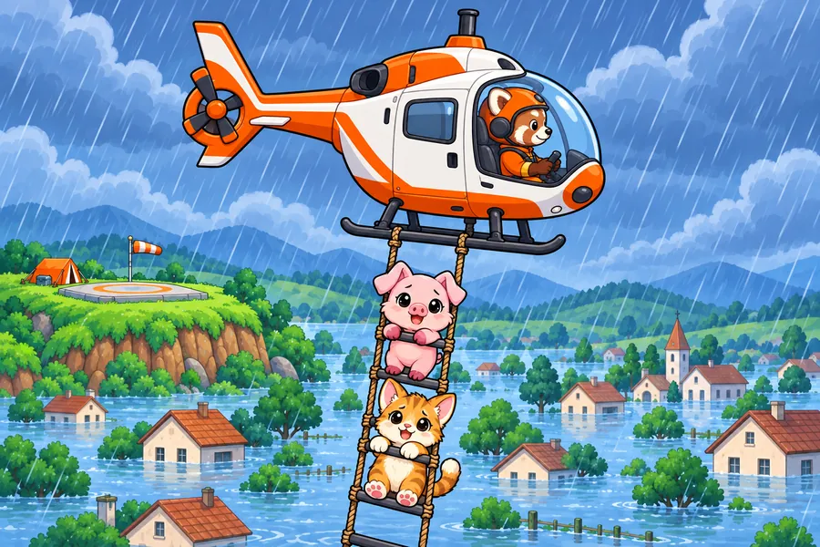 大雨で水につかった村の上を、レッサーパンダの操縦する救助ヘリが飛び、下がった縄ばしごにこぶたとこねこがつかまっている