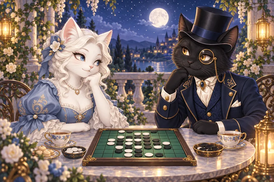 月夜のバルコニーで向かい合う白ねこと黒ねこ、間にリバーシの盤