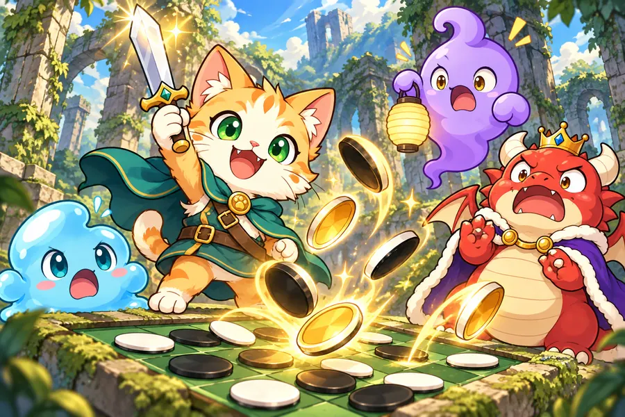 子ネコの勇者が剣をかかげ、盤の石が金色にひっくり返り、スライムとおばけとドラゴンがおどろいている