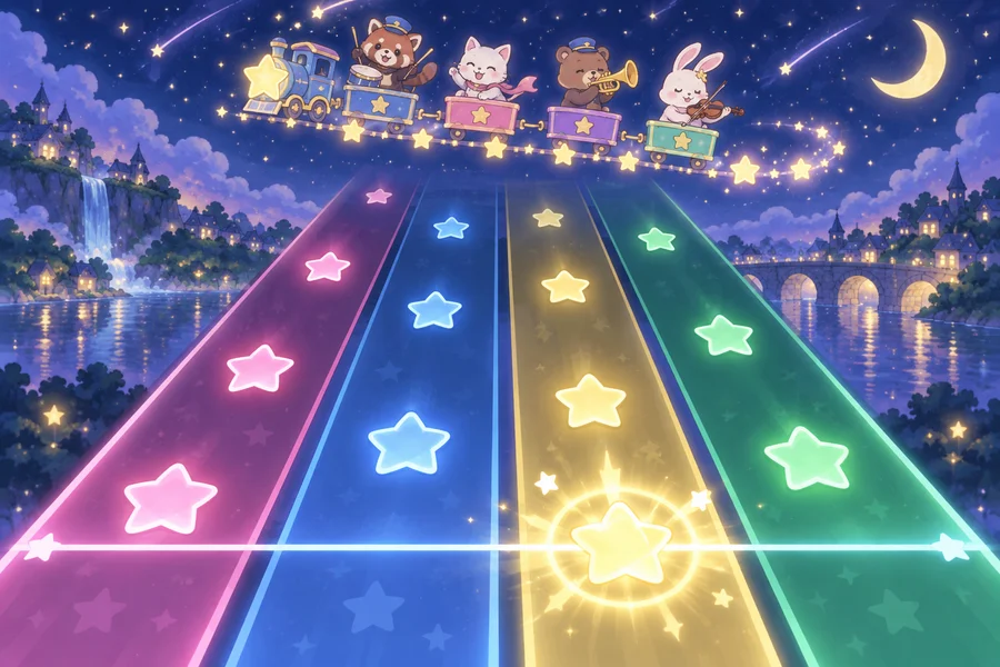 流星群の下の円形ステージで演奏する動物の音楽隊