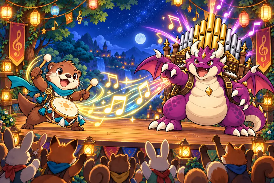 夜の野外ステージで、カワウソの勇者がたいこを打ちならし、光る音符がオルガンの大魔王へとび、観客の動物たちがもりあがっている