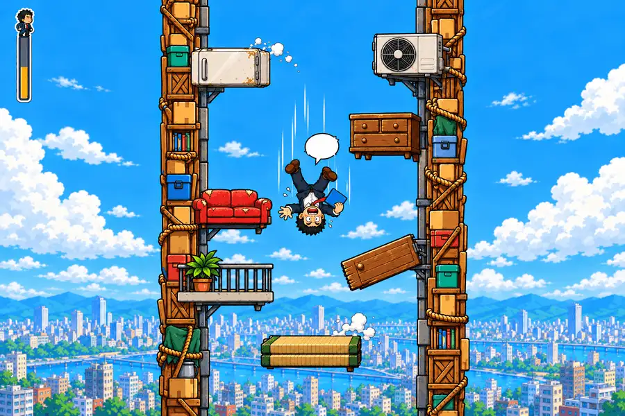 ゲーム画面。左右をガラクタのかべにはさまれた縦長の塔の中で、紺のスーツの男性が青いファイルをにぎったまま真っさかさまに落ちている。冷蔵庫やたんす、赤いソファ、ななめのドア板が足場になっていて、下には町なみが小さく見える