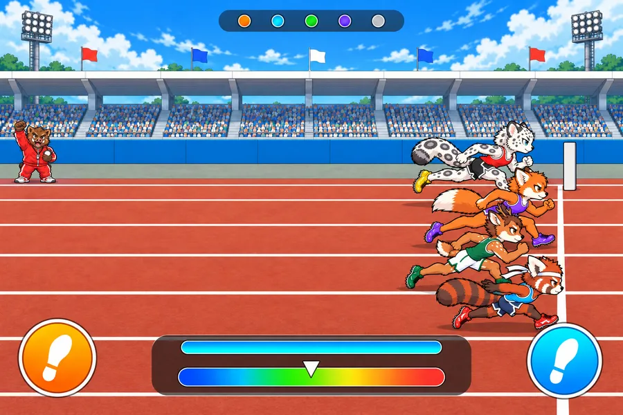 陸上競技場の100mのゴール前で、レッサーパンダの選手がユキヒョウ・キツネ・シカのライバルと競り合い、下に左右の足あとボタンとピッチゲージがある