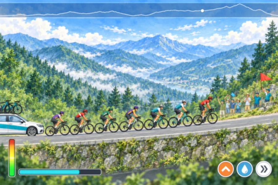 真横から見た山の登り坂で、赤いジャージの選手が立ちこぎでアタックし、すぐ後ろにティールのジャージの主人公がぴったりついて走り、画面の上にコースの高低図、左下にペダル強度のゲージがある