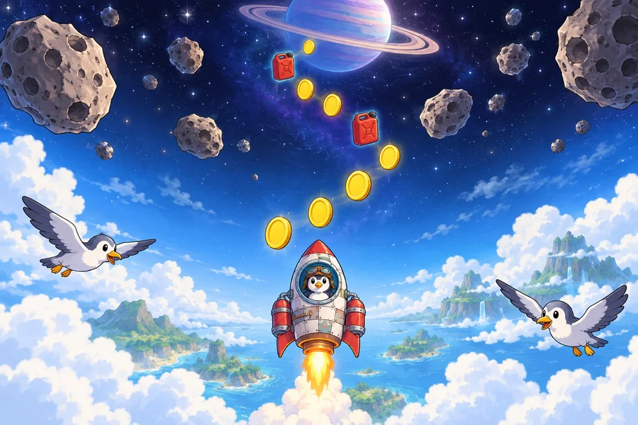 青空から宇宙へのぼっていく手作りロケット。下に雲と小鳥、上に月と輪のある惑星が見える