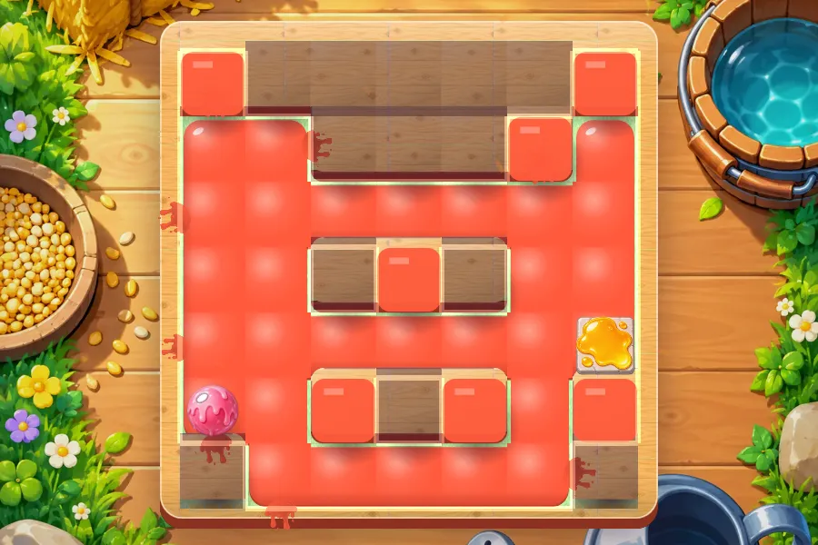 ゲーム画面。牧場の木のデッキの上に置かれた、木の壁で囲まれた迷路の板。床はぜんぶオレンジのペンキで塗られ、ねこの顔の形に光っている。左下にピンクのつやつやのペンキ玉