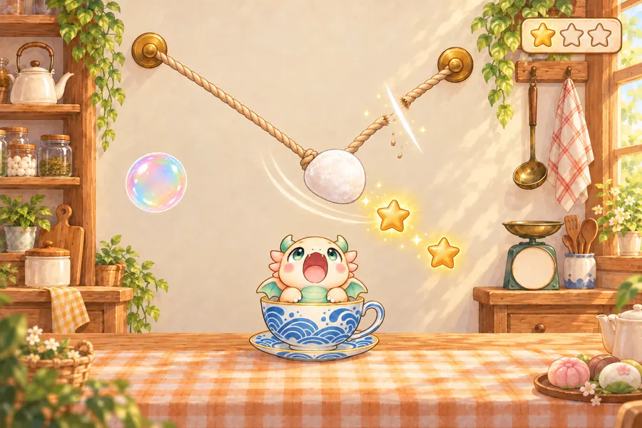 ゲーム画面。朝の台所の壁に真ちゅうのピンが2つあり、2本のなわで白い大福が吊られている。右のなわを光るなぞり線が横切って切れ、大福がゆれはじめている。ゆれる先に金色の星、左にシャボン玉、下のテーブルではティーカップに入った赤ちゃんドラゴンのチャポが口を大きくあけて待っている