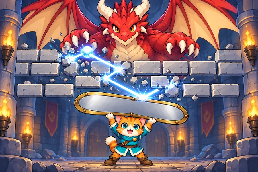 ダンジョンで、光る玉がドラゴンの前の石ブロックをつぎつぎこわし、下でネコの勇者が大きな盾をかまえている