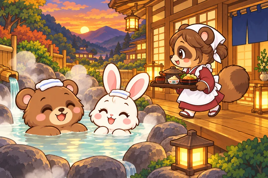 夕方の山あいの温泉旅館。湯気の立つ露天風呂にくまとうさぎがつかり、たぬきの仲居さんがお膳を運んでいる