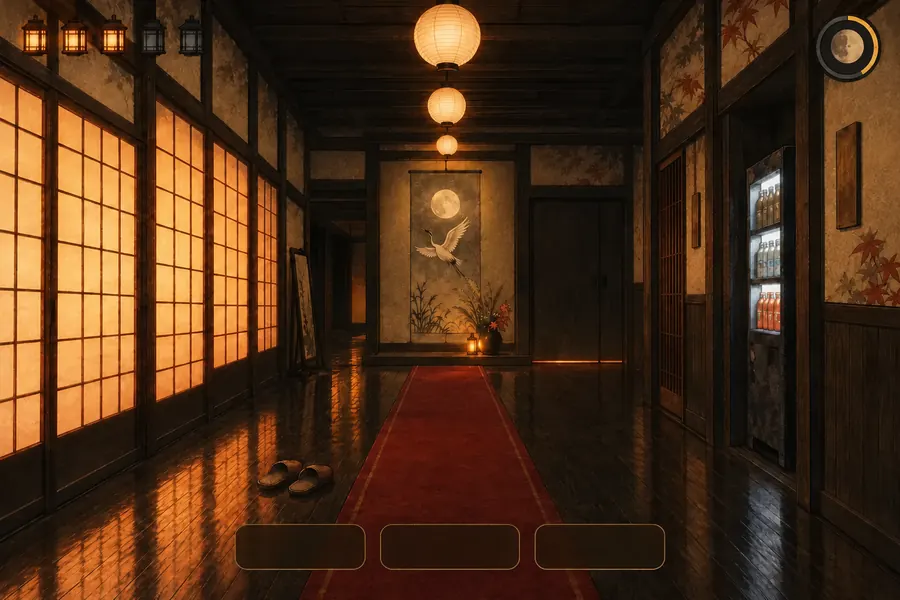 夜の温泉旅館の廊下を一人称で見たゲーム画面。天井に提灯が灯り、奥に掛け軸と横の戸があり、下に三つの選択ボタンが並んでいる