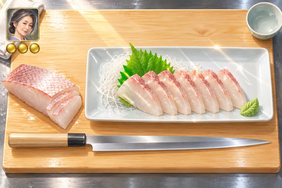 檜のまな板の上に白磁の長皿。大根のつまと大葉の前に、皮目が桜色のタイの刺身が7切れ少しずつ重なって並び、右手前にわさび。左に切りかけのサクと柳刃包丁、左上に女将の顔と金の印が3つ