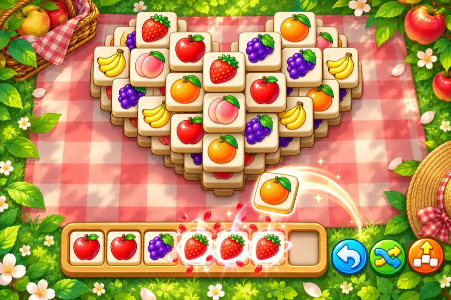 ゲーム画面。ピクニック布の上に、くだものの絵のタイルがハートの形に何段も積まれている。下の7マスのトレイには、りんご2枚とぶどう1枚、そろったいちご3枚が光ってはじけるところ。山からみかんのタイルが1枚トレイへ飛んでいて、右に3つの丸いブースターボタン