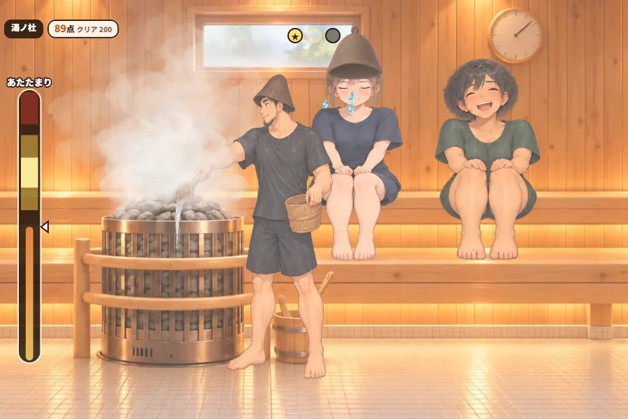 ヒノキ張りのサウナ室のゲーム画面。上の段に座って汗をかく主人公、ストーブの石にひしゃくで水をかける熱波師と、もくもく広がる湯気。左はしに金色の帯がついた縦長のあたたまりゲージ
