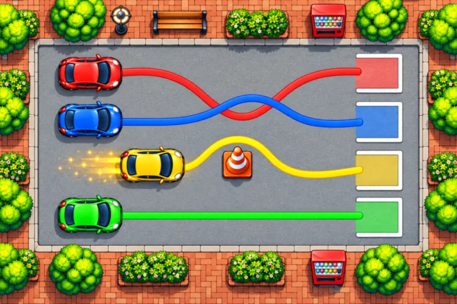 ゲーム画面。真上から見た駐車場で、左に並んだ赤・青・黄・緑の車から、右に並んだ同じ色の駐車枠まで、それぞれの色の線が引かれている。赤と青の線は真ん中で交差している