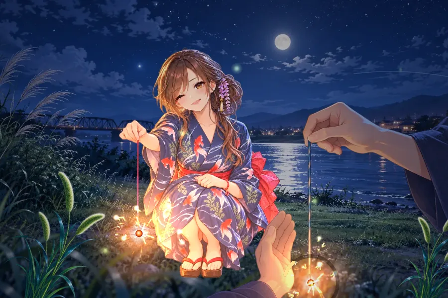 横画面のゲーム画面。夜の川原で浴衣の女性がしゃがんで線香花火を持ち、こちらにいたずらっぽく笑っている。右から入るあなたの手の線香花火は松の葉のような火花を散らし、もう片方の手でそれを風から囲っている