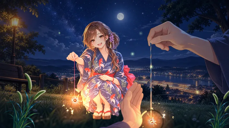 横画面。町の夜景を見下ろす丘の上で、浴衣の女性の線香花火とあなたの線香花火がそれぞれ火花を散らしている