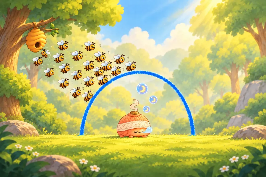 ゲーム画面。木もれ日の森の草地で、あんず色の毛糸の生き物ぬくまるが鼻ちょうちんを出して眠っている。その上に青いクレヨンの線がアーチ形にかぶさり、左上の巣から飛んできたハチの群れが線の外側に押し寄せている