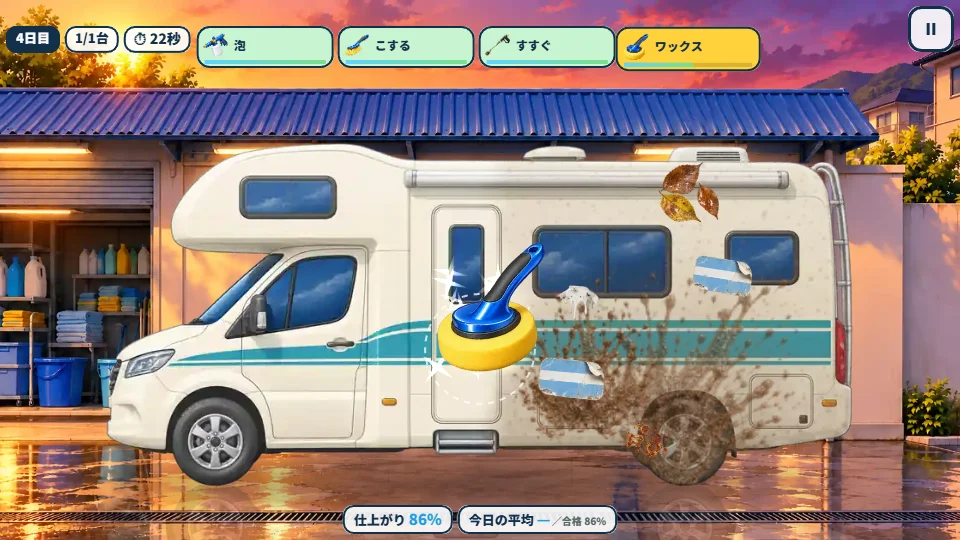 パソコンの横画面。夕焼けの洗車場で、キャンピングカーの前半分をワックスパッドでみがいてつやを出し、後ろ半分にはまだどろはね・ステッカー・落ち葉が残っている