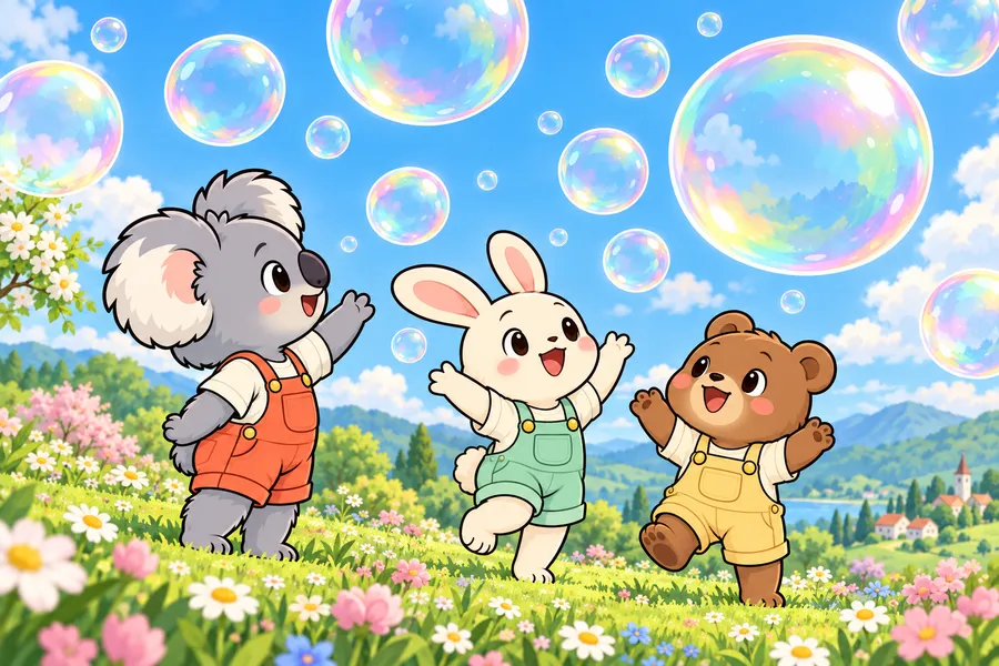 大きな虹色のしゃぼん玉が空いっぱいにうかび、コアラの子と友だちが見上げてよろこんでいる