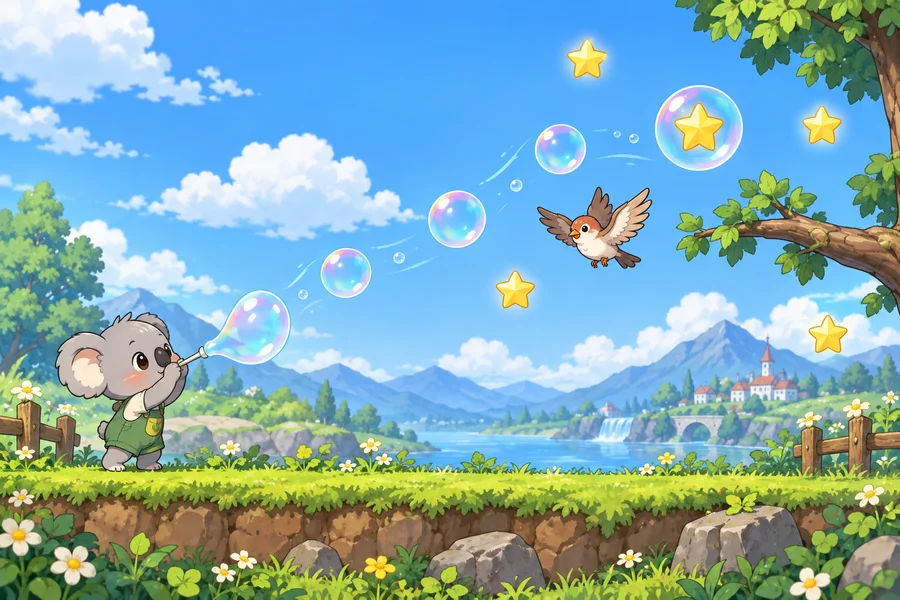 大きな虹色のしゃぼん玉が空いっぱいにうかび、コアラの子と友だちが見上げてよろこんでいる