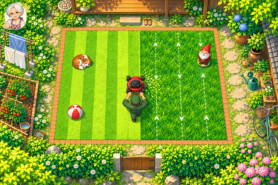 一軒家の庭を真上から見たゲーム画面。正方形の芝生の左半分は明るい黄緑と濃い緑のたてじまに刈り終わり、右半分はまだのび放題で白い点線の矢じるしが道すじを示す。まんなかで庭師が赤い芝刈り機を押して上へ進み、刈った草が飛び散っている。芝生の上には小人の置物、眠る犬、ビーチボール
