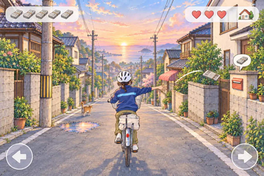 朝焼けの町の道を自転車で走る配達員を後ろから見た画面。右の家の郵便受けへ新聞を投げている